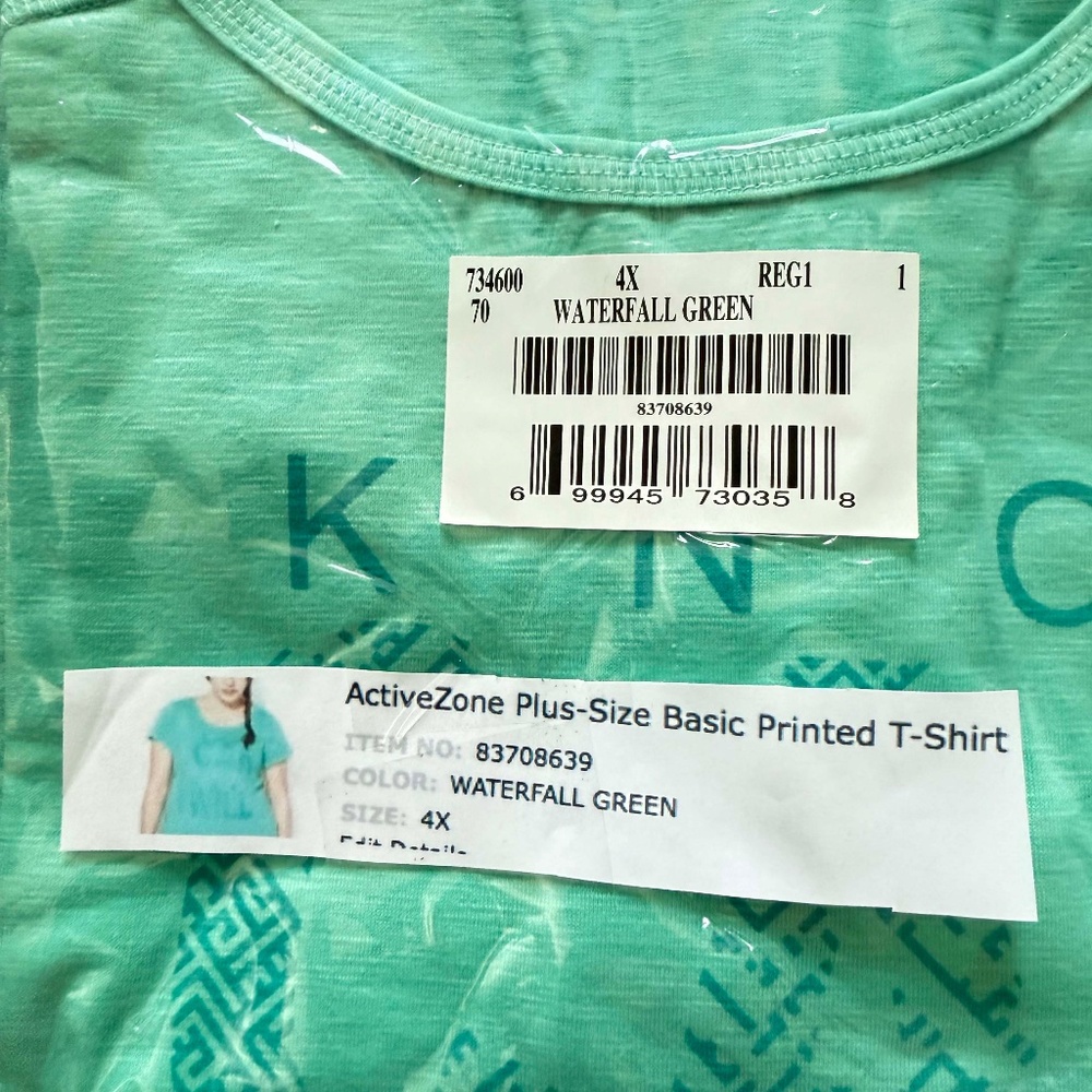 T-SHIRT, SHORT SLEEVES, WATERFALL GREEN, SIZE 4X, PRINTED FRONT, ACTIVE ZONE for